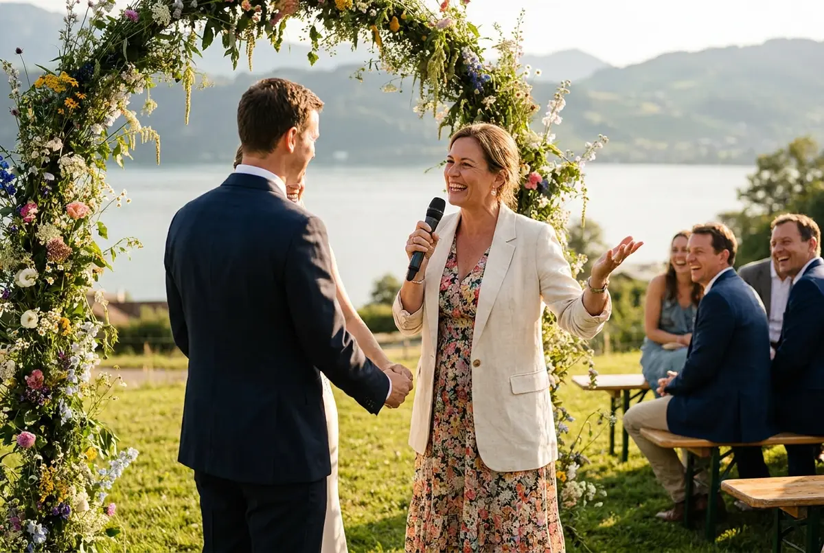 Freie Rednerin führt eine Trauungszeremonie unter einem Blumenbogen am See